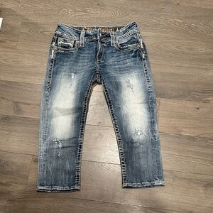 EUC Rock Revival Blue Distressed Cropped Jeans, size 29